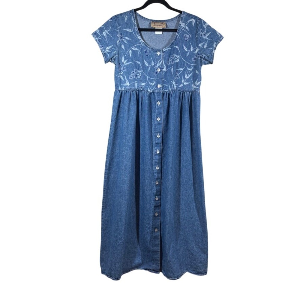 Vtg 90s Studio Ease Denim Midi Dress Blue Floral Full Button Cottage Prairecore